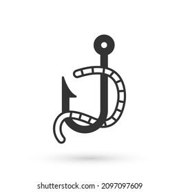 Grey Fishing hook and worm icon isolated on white background. Fishing tackle.  Vector