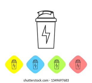 Grey Fitness shaker line icon isolated on white background. Sports shaker bottle with lid for water and protein cocktails. Set icon in color rhombus buttons. Vector Illustration