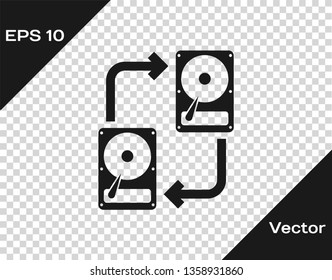 Grey A fixed data storage device hard disk with arrows, data copy icon isolated on transparent background. Data exchange with hard disk drive. Transfer sign. Vector Illustration