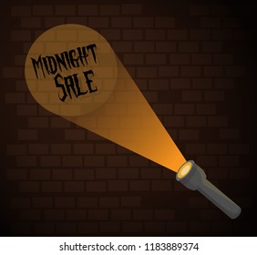 Grey flashlight in flat style on brown brick wall background. Midnight sale, vector illustration.