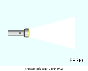 Grey flashlight with a white beam on light blue background. Vector illustration design. EPS10