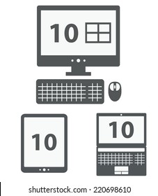 grey flat design illustration set contains personal computer, laptop and tablet pc with ten number on the screen