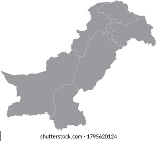 Grey Flat Provinces and Regions Map of Asian Country of Pakistan (incl. Kashmir)