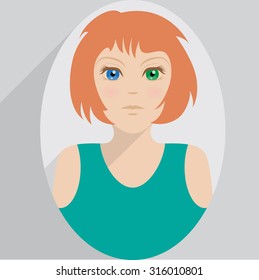 Grey flat style oval shaped female character icon with shadow. Illustration of beautiful young woman with red hair wearing sleeveless shirt
