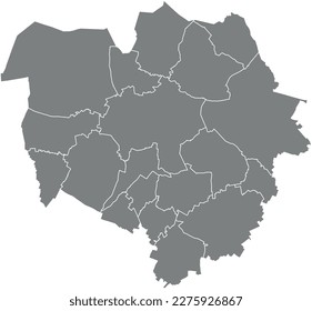 Grey flat vector administrative map of MONS, BELGIUM with white border lines of its districts