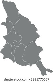 Grey flat vector administrative map of KORTRIJK, BELGIUM with white border lines of its municipalities