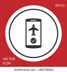 Grey Flight mode in the mobile phone icon isolated on red background. Airplane or aeroplane flight offline mode passenger regulation airline . White circle button. Vector Illustration