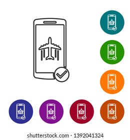 Grey Flight mode in the mobile phone line icon on white background. Airplane or aeroplane flight offline mode passenger regulation airline . Set icon in color circle buttons. Vector Illustration