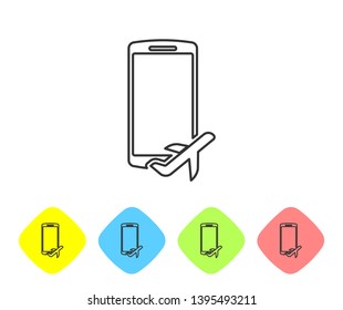 Grey Flight mode in the mobile phone line icon on white background. Airplane or aeroplane flight offline mode passenger regulation airline . Set icon in color rhombus buttons. Vector Illustration