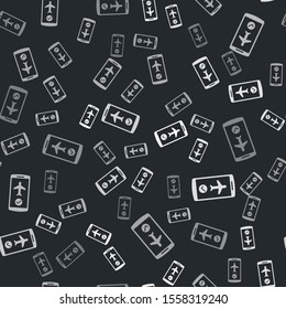Grey Flight mode in the mobile phone icon isolated seamless pattern on black background. Airplane or aeroplane flight offline mode passenger regulation airline .  Vector Illustration