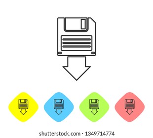 Grey Floppy disk backup line icon isolated on white background. Diskette sign. Set icon in color rhombus buttons. Vector Illustration