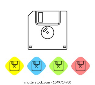 Grey Floppy disk for computer data storage line icon isolated on white background. Diskette sign. Set icon in color rhombus buttons. Vector Illustration