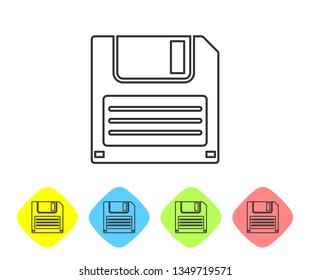 Grey Floppy disk for computer data storage line icon isolated on white background. Diskette sign. Set icon in color rhombus buttons. Vector Illustration
