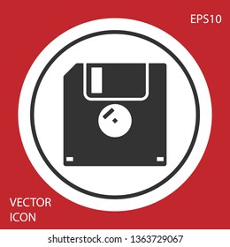 Grey Floppy disk for computer data storage icon isolated on red background. Diskette sign. Circle button. Vector Illustration