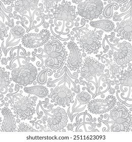 Grey floral ornament on white background, boho style, doodles. Seamless floral pattern-384.