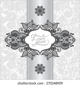grey floral ornamental template with place for your text, oriental vintage pattern for invitation party card, brochure design, postcard, packing, book cover, black and white