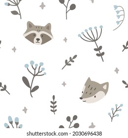 Grey floral pattern with head of fox and raccoon. Seamless texture for fabric, textile, wrapping, paper, stationery.