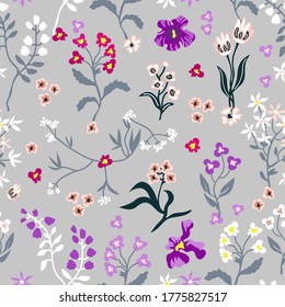 Grey floral print. Small spring wildflowers. Template for scarves, dresses, swimwear. Vintage textile collection.