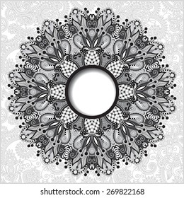 grey floral round pattern in Ukrainian oriental ethnic style for your greeting card or invitation, template frame design for card, vintage lace doily, black and white