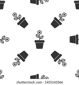 Grey Flower in pot icon isolated seamless pattern on white background. Plant growing in a pot. Potted plant sign.  Vector Illustration