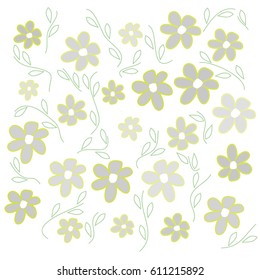Grey Flowers of Different Size and Color Tone with Yellow Border and Green Branches Between Them on White Background