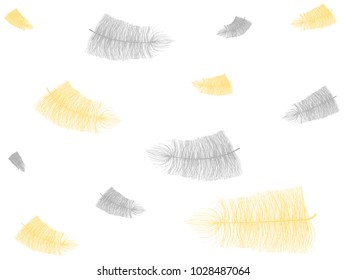 Grey Fluff on White. Beautiful Hand Drawn Feathers Isolated. Fluff for Wallpaper, Illustration, Carnival, Masquerade, Invitation, Paper, Textile. Decoration Element for Your Design.