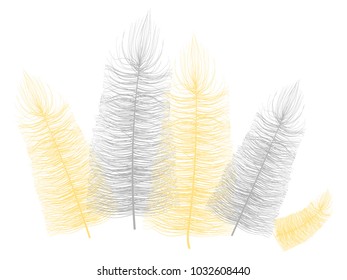Grey Fluff on White. Beautiful Hand Drawn Feathers Isolated. Fluff for Wallpaper, Illustration, Carnival, Masquerade, Invitation, Paper, Textile. Decoration Element for Your Design.