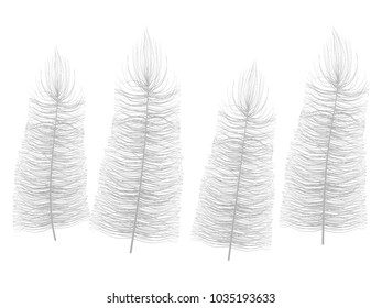 Grey Fluff on White. Beautiful Hand Drawn Feathers Isolated. Fluff for Wallpaper, Illustration, Carnival, Masquerade, Invitation, Paper, Textile. Decoration Element for Your Design.