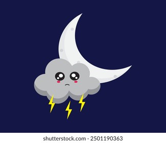 Grey fluffy cloud with lightning and white crescent at night. Atmosphere, cartoon, climate, cloudscape, graphic, illustration, meteorology, nature, sky, vector and weather.