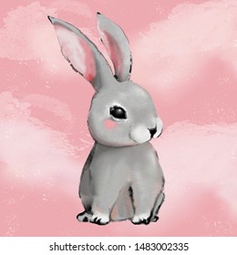 Grey fluffy cute rabbit on pink water color texture background