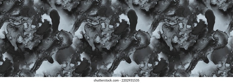 Grey Fluid Pattern. Black Rock Paint. Grey Marble Watercolor. Light Liquid Pattern. Slab Water Color Splash Floor. Black Seamless Background. Metal Alcohol Ink Watercolor. Liquid Seamless Template.