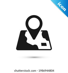 Grey Folded map with location marker icon isolated on white background.  Vector