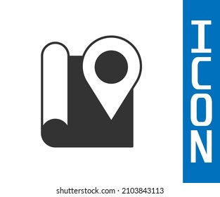Grey Folded map with location marker icon isolated on white background.  Vector