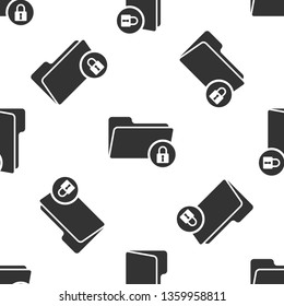 Grey Folder and lock icon isolated seamless pattern on white background. Closed folder and padlock. Security, safety, protection concept. Vector Illustration