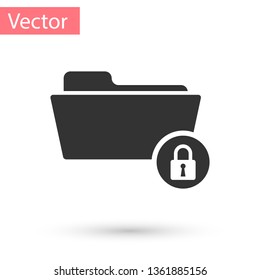 Grey Folder and lock icon isolated on white background. Closed folder and padlock. Security, safety, protection concept. Vector Illustration