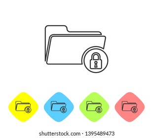 Grey Folder and lock line icon on white background. Closed folder and padlock. Security, safety, protection concept. Set icon in color rhombus buttons. Vector Illustration