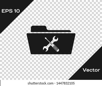 Grey Folder with screwdriver and wrench icon isolated on transparent background. Adjusting, service, setting, maintenance, repair, fixing.  Vector Illustration