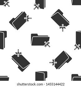 Grey Folder with screwdriver and wrench icon isolated seamless pattern on white background. Adjusting, service, setting, maintenance, repair, fixing.  Vector Illustration