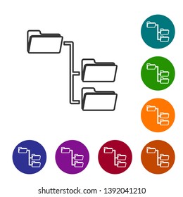 Grey Folder tree line icon isolated on white background. Computer network file folder organization structure flowchart. Set icon in color circle buttons. Vector Illustration