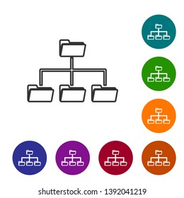 Grey Folder tree line icon isolated on white background. Computer network file folder organization structure flowchart. Set icon in color circle buttons. Vector Illustration