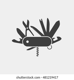 Grey folding knife flat icon vector; Folding knife; multi-tool instrument sign vector isolated