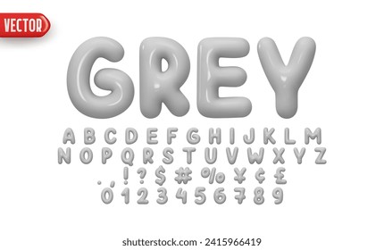 Grey Font realistic 3d design. Complete alphabet and numbers from 0 to 9. Collection Glossy letters in cartoon style. Fonts voluminous inflated from balloon. Vector illustration