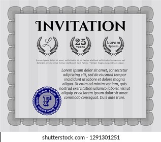 Grey Formal invitation. Elegant design. Vector illustration. With guilloche pattern and background. 