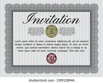 Grey Formal invitation. Elegant design. Vector illustration. With guilloche pattern and background. 
