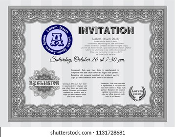 Grey Formal invitation template. With great quality guilloche pattern. Artistry design. Detailed. 