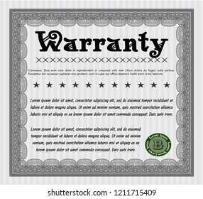 Grey Formal Warranty Certificate template. Cordial design. With guilloche pattern and background. Detailed. 