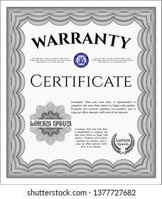 Grey Formal Warranty Certificate template. With guilloche pattern and background. Sophisticated design. Customizable, Easy to edit and change colors. 