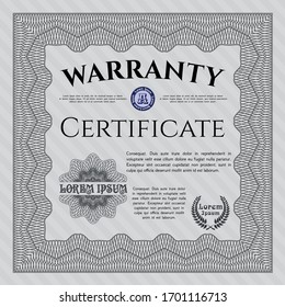Grey Formal Warranty Certificate template. Printer friendly. Cordial design. Vector illustration. 