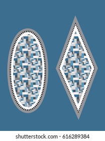 Grey frame with a geometric square pattern on a blue background