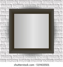 Grey frame on white brick wall, template with frame on brick background